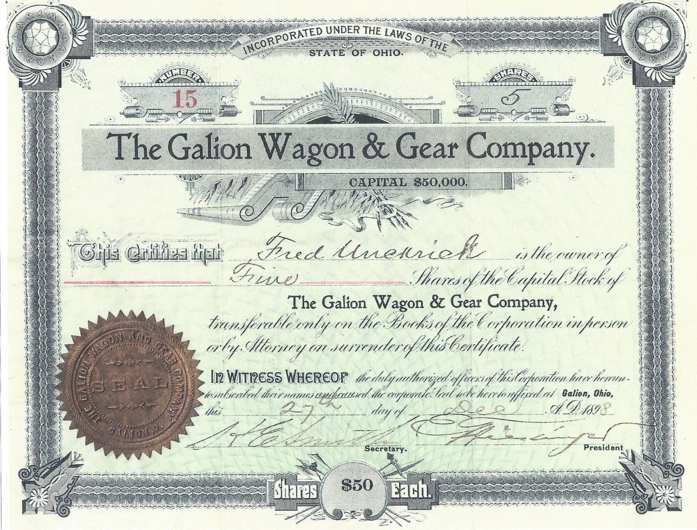 Galion Wagon and Gear Company stock certificate